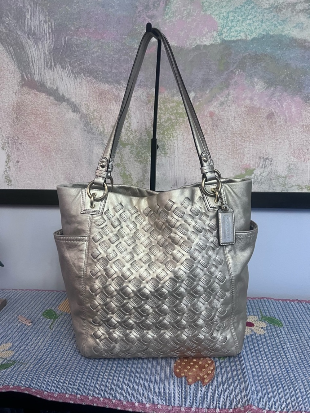 COACH North South Woven Metallic Gold Leather Shoulder Bag